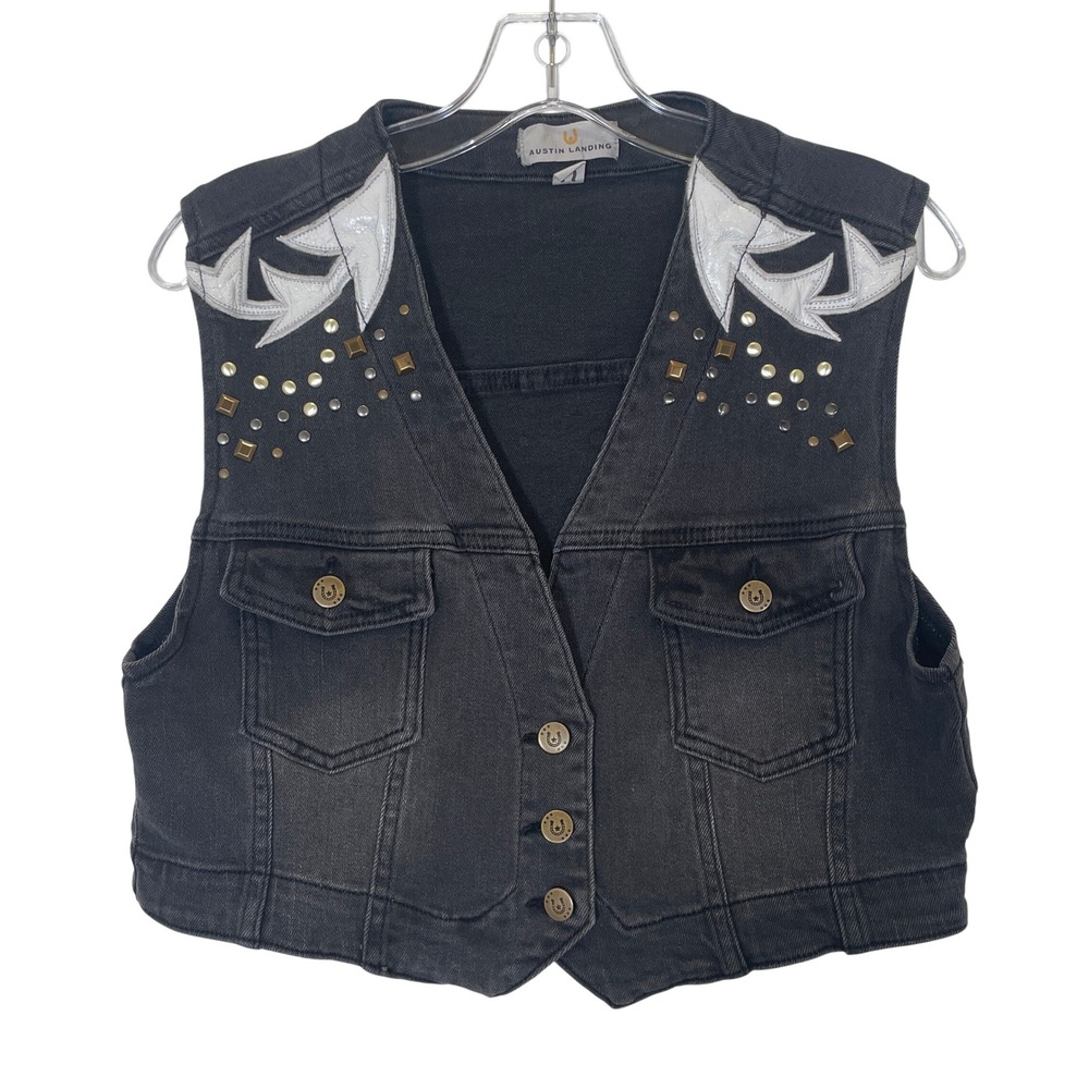 Austin Landing Womens Western Denim Vest Black Studded Flame Cowgirl Country XL